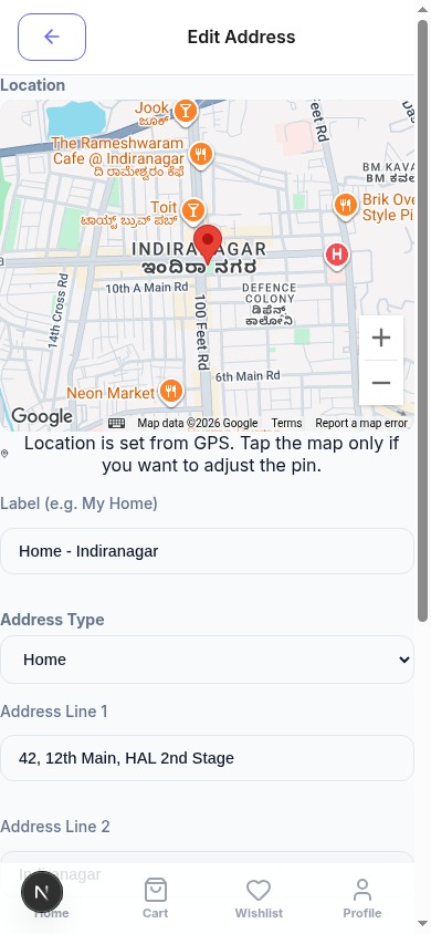 Edit Address screen with a Google map of Indiranagar, a dropped pin and the address fields below it