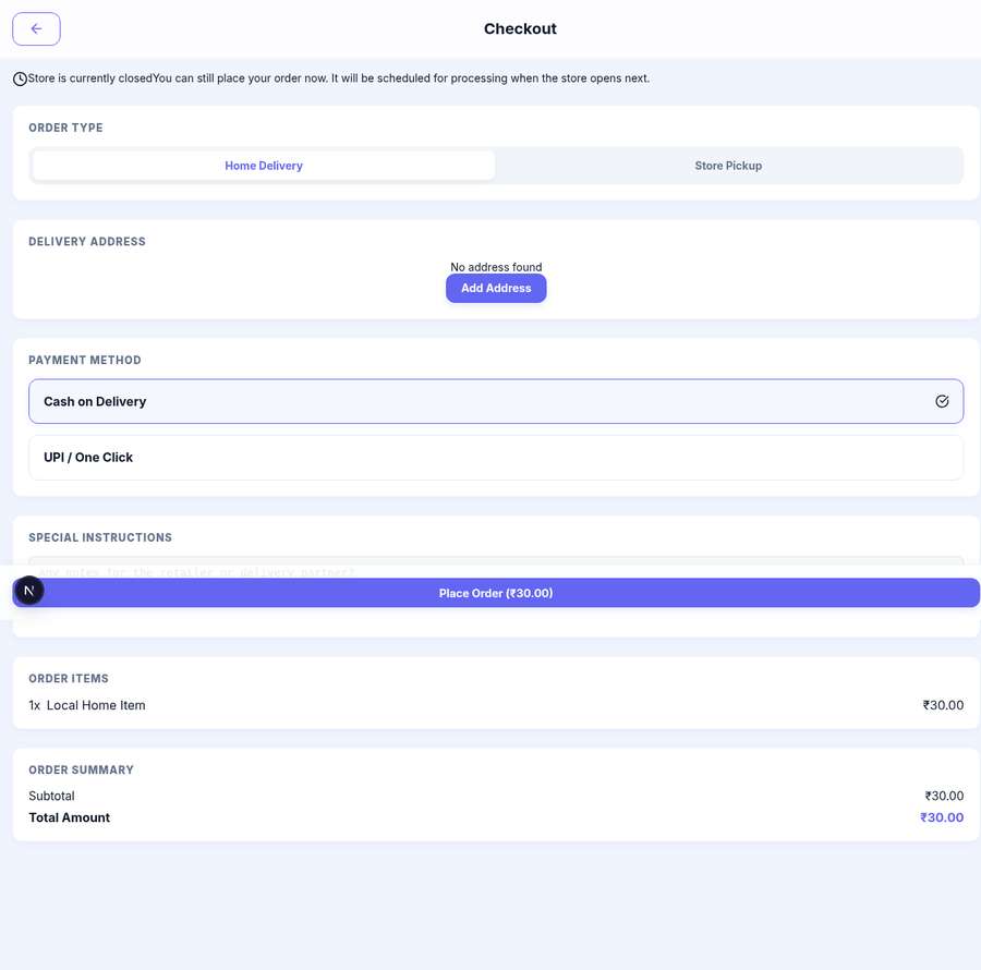 delivery or pickup and pay screen