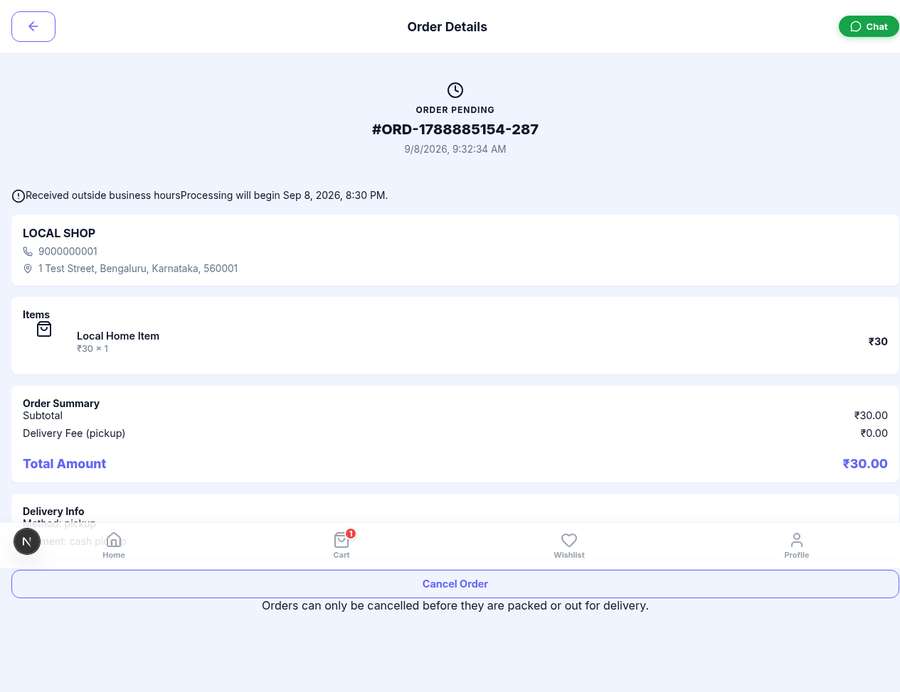 place order screen