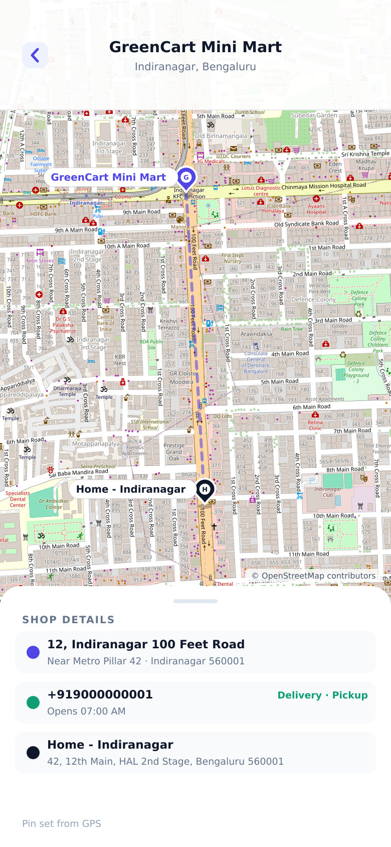 Street-level map of Indiranagar showing the GreenCart Mini Mart pin and the saved home delivery address