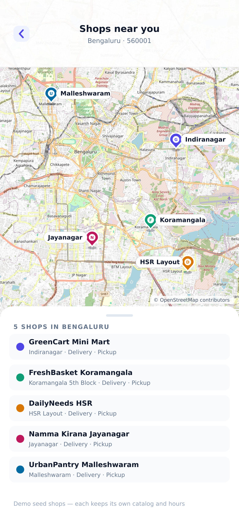 Map of Bengaluru with the five seed shops pinned across Malleshwaram, Indiranagar, Jayanagar, Koramangala and HSR Layout