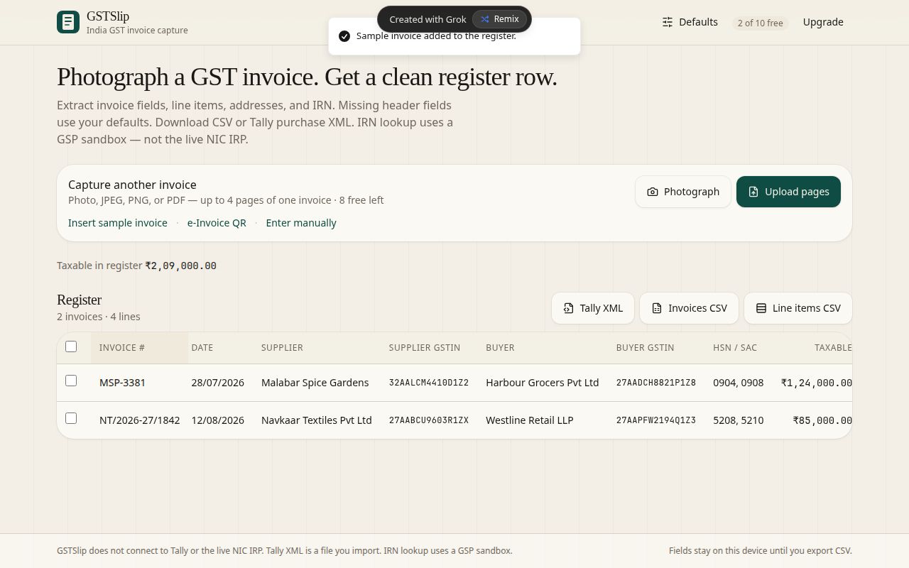 Register with Invoices CSV and Line items CSV export buttons
