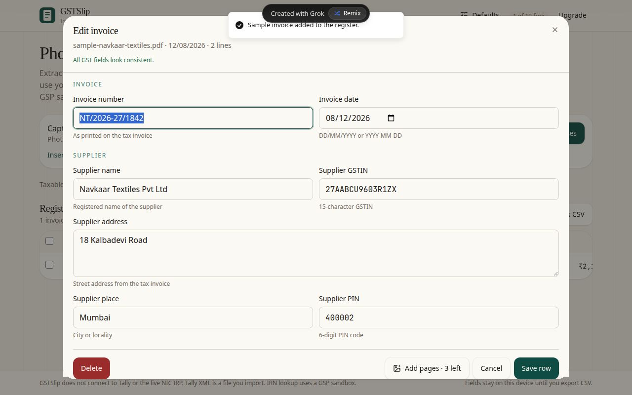 Edit dialog showing extracted GST invoice header fields