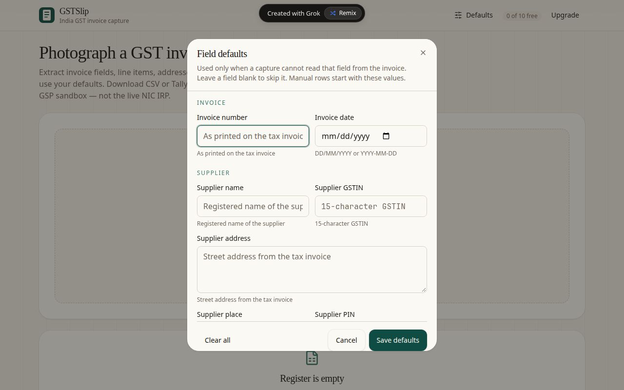 Field defaults dialog for buyer GSTIN and place of supply
