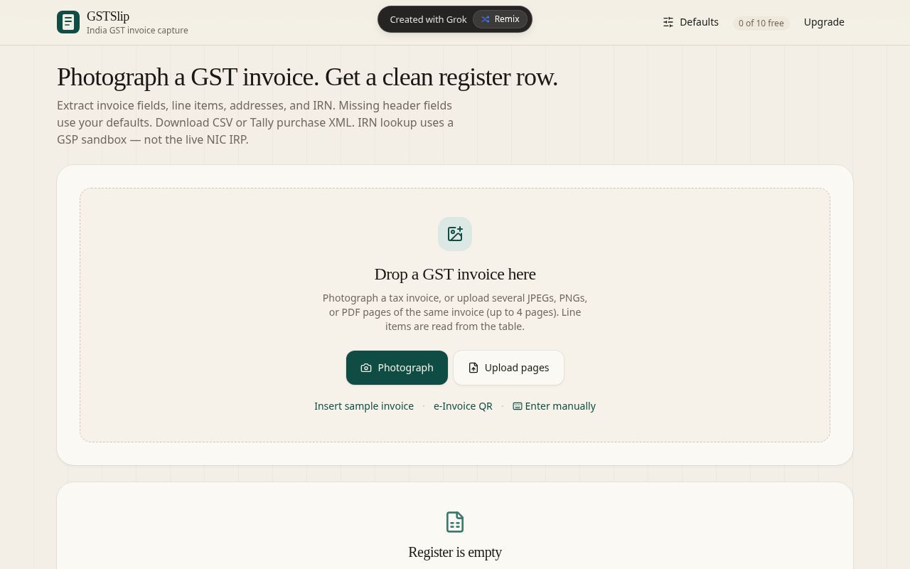 GSTSlip home screen with drop zone for GST invoices