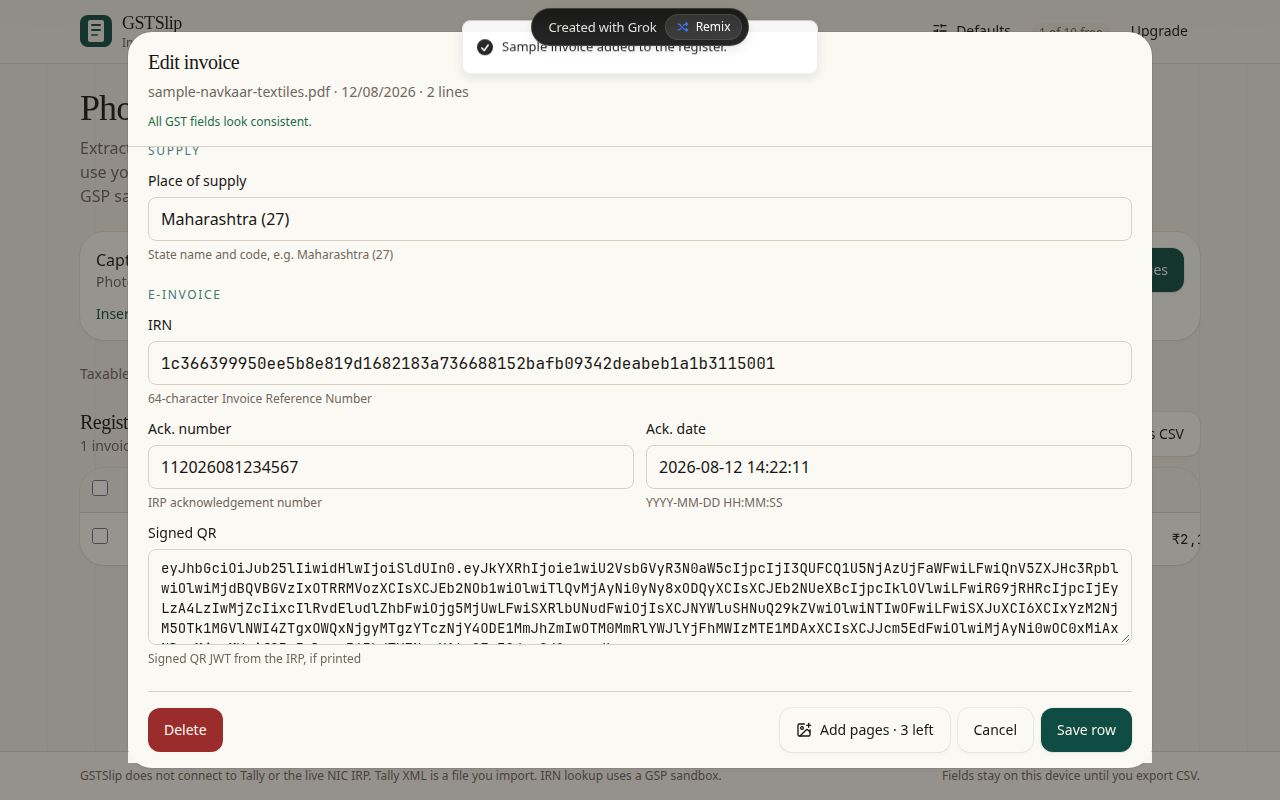 IRN field in edit dialog with sandbox lookup note