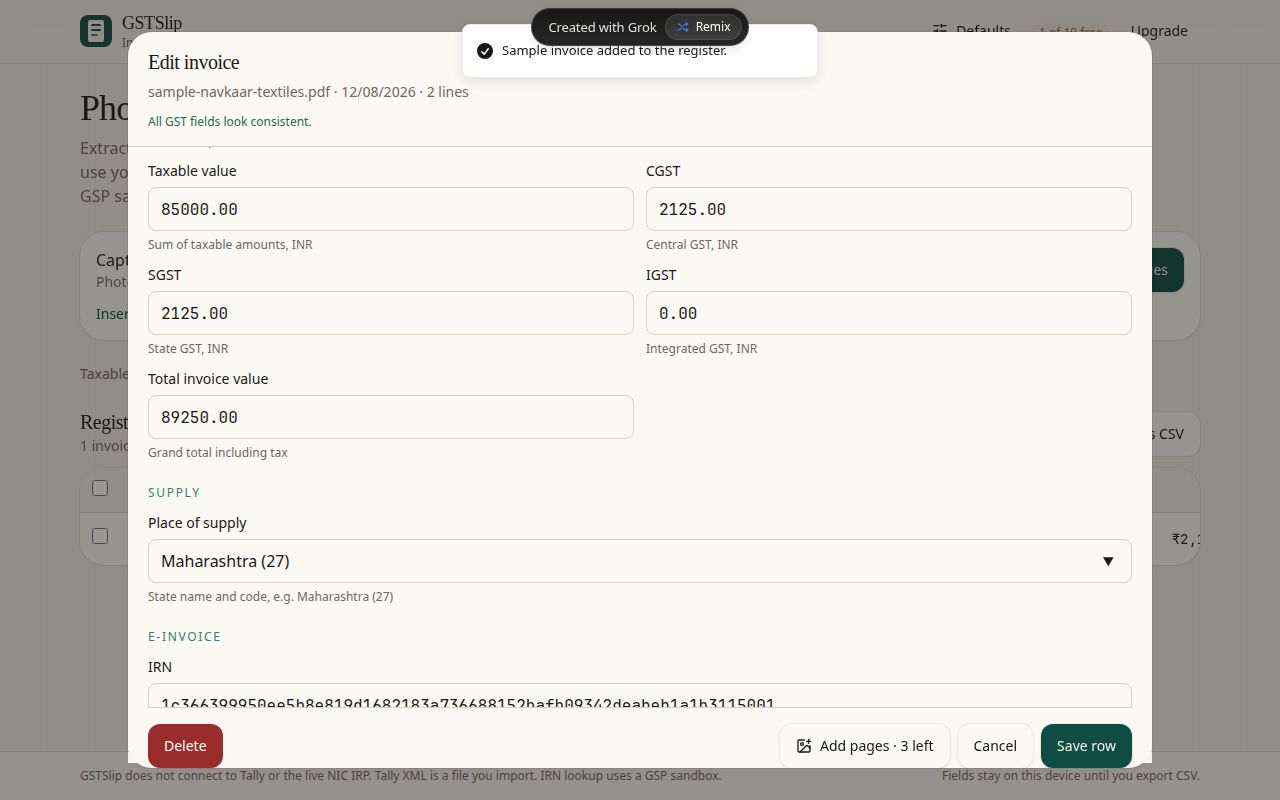 Line items table with HSN and tax breakdown