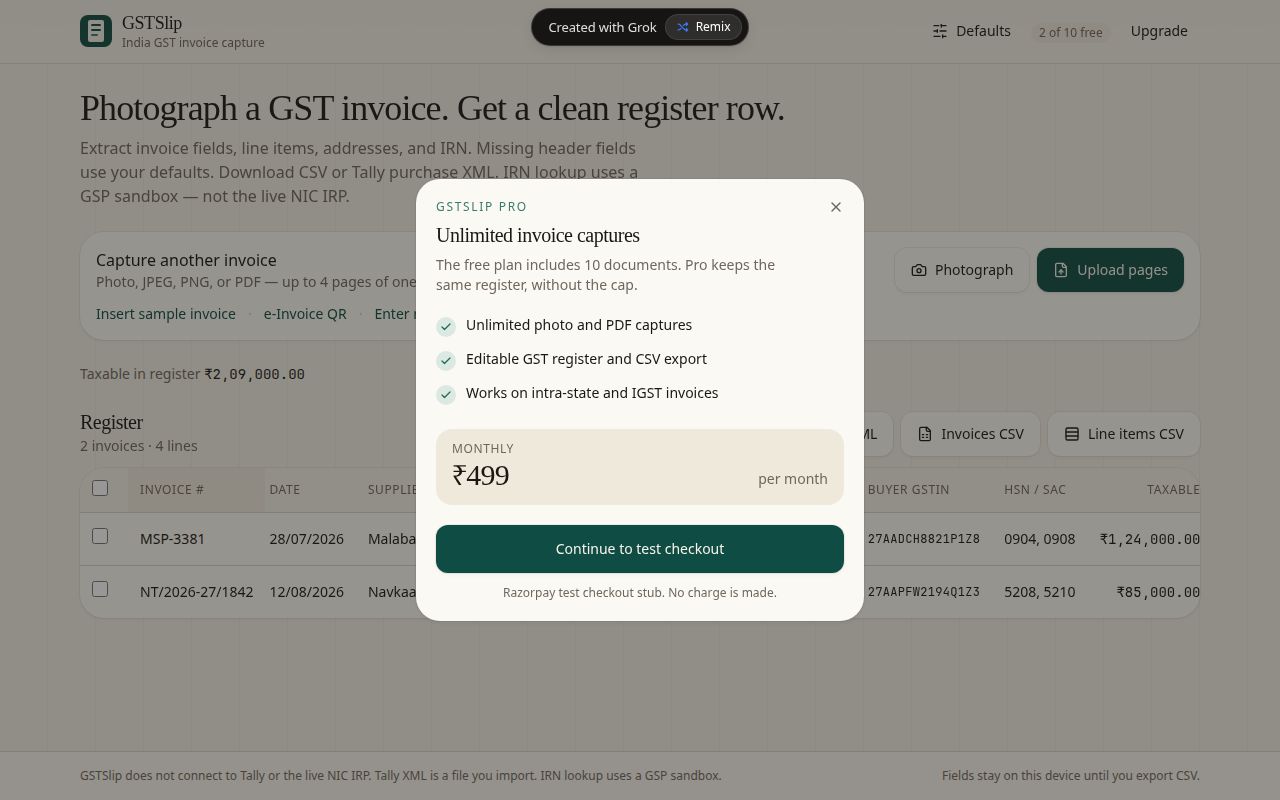 Upgrade dialog showing pricing and free document allowance