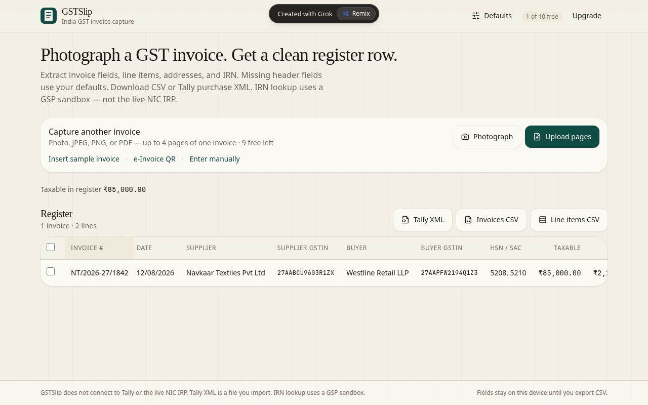 Register table with one captured invoice row